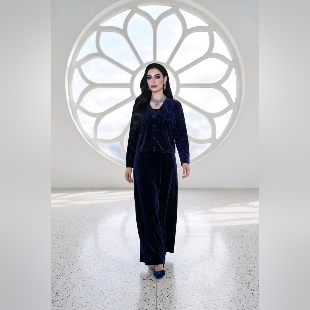 VTG 80's Talbots Blue Velvety Velour Maxi Dress With Jacket Women's M Petite - Picture 1 of 16